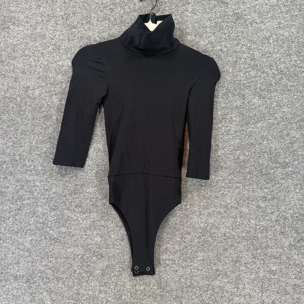 Alice + Olivia Bodysuit Womens Medium Black Turtleneck 3/4 Sleeve Stretch Scoop